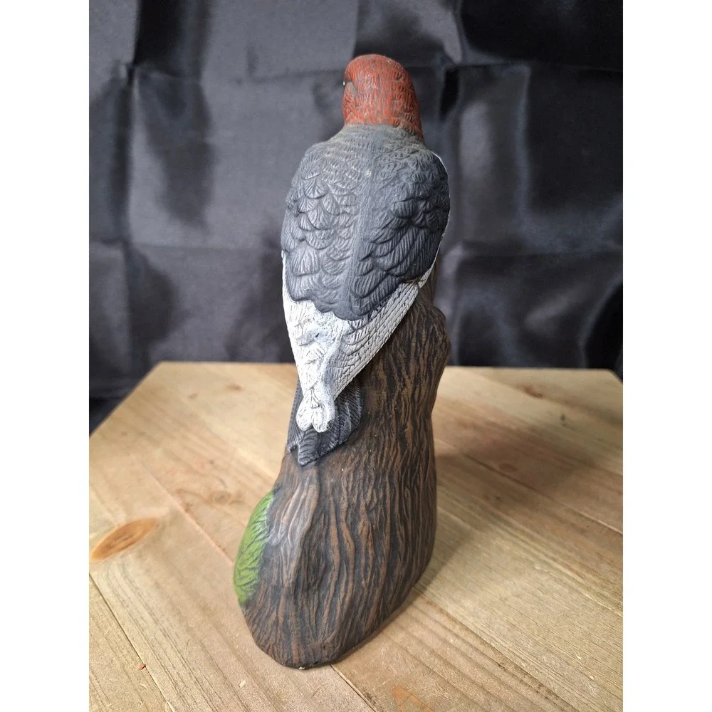 Vintage Red Headed Woodpecker Ceramic Figurine Bird on Tree Stump Statue 8.5